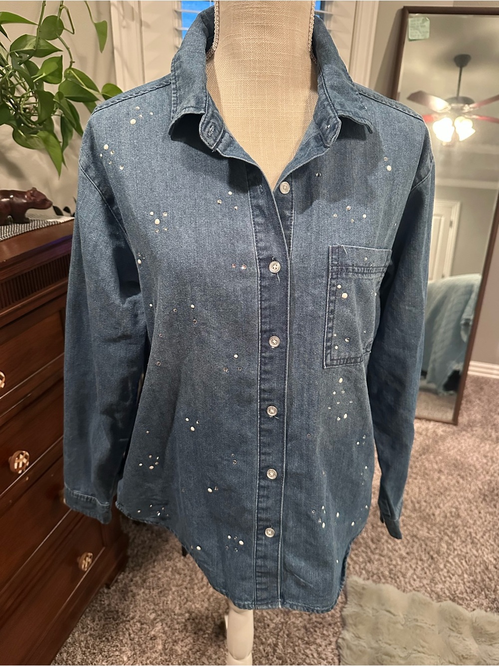Seven7 Dark Blue Denim Shirt rhinestones and pearl detailing